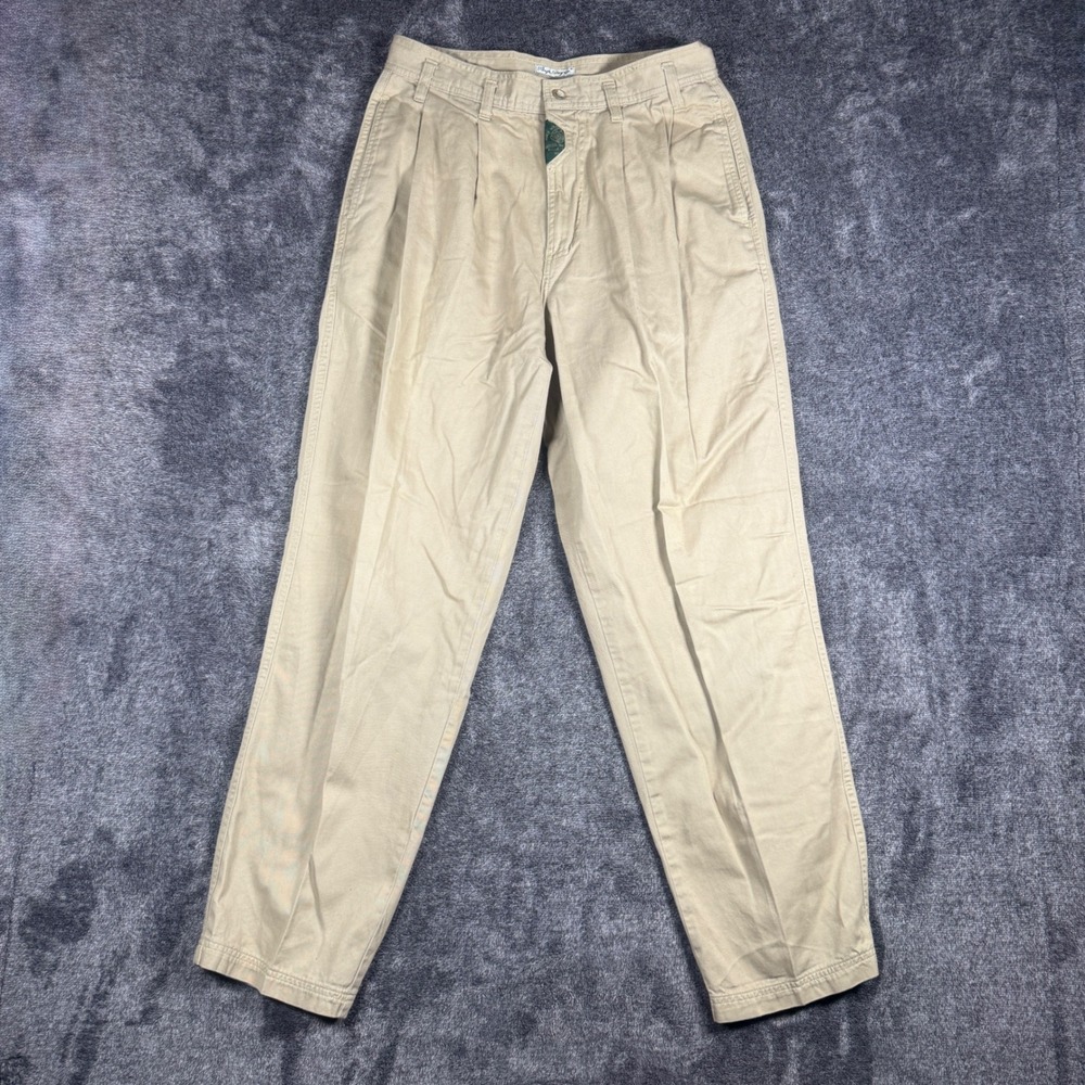 Bugle Boy Co Mens 32M Pleated Khaki Chino Pants Vintage 90s Tapered Tan Cotton